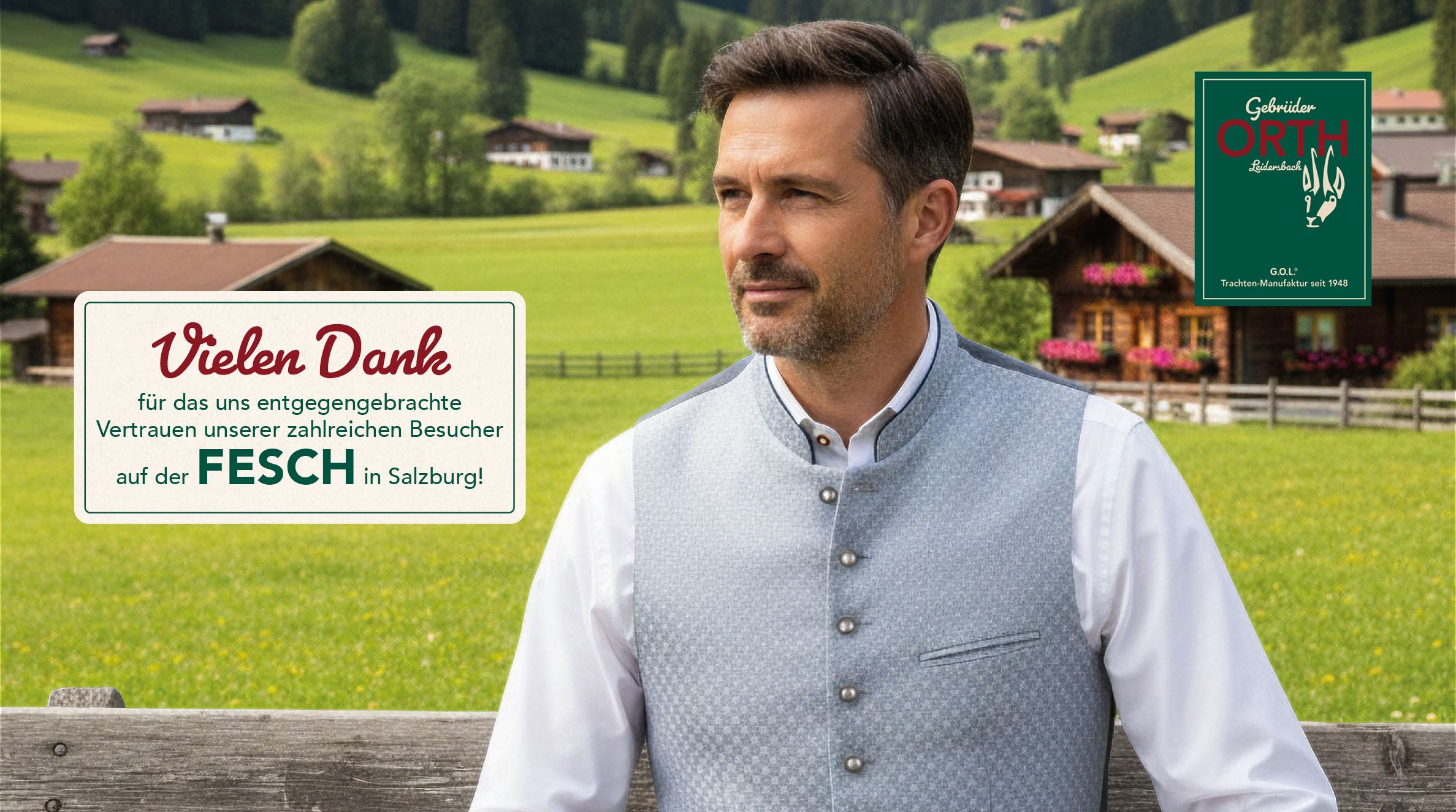 Dankeswort eines Gastwirts für treue Gäste im FESCH in Seebügl, ländliche Idylle im Hintergrund.
